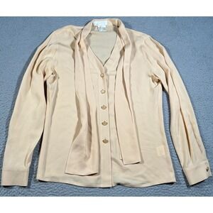 Escada Margaretha Ley Silk Blouse Size 34 Beige Neck Tie Long Sleeve Notch Lapel